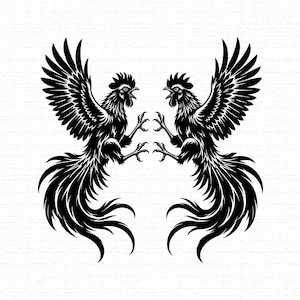 Puede incluir: Una ilustración gráfica en blanco y negro que presenta dos gallos enfrentados en una composición en espejo. Cada gallo se muestra con las alas extendidas, las garras afiladas hacia afuera y largas plumas en la cola.