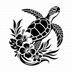 May include: A black and white graphic illustration featuring a sea turtle swimming above a cluster of tropical hibiscus flowers and leafy foliage. The design uses high-contrast solid black shapes against a plain white background to depict the turtle.