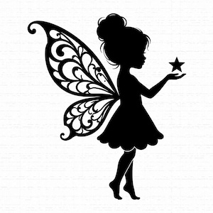May include: A black silhouette graphic of a fairy with a high bun hairstyle and a dress. The fairy has large, intricate wings with swirling patterns and is holding a small five-pointed star in an outstretched hand against a white background.