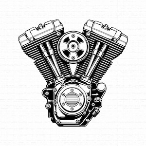 Może przedstawiać: Czarno-biała ilustracja graficzna silnika motocyklowego typu V-twin. Projekt przedstawia dwie wyraźne głowice cylindrów z żebrami chłodzącymi, centralny okrągły wlot powietrza oraz szczegółowy dolny blok silnika z widocznymi śrubami i elementami mechanicznymi.