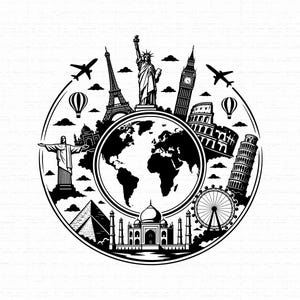 May include: A circular black and white graphic illustration featuring a central globe surrounded by iconic world landmarks including the Statue of Liberty, Eiffel Tower, Big Ben, Colosseum, Leaning Tower of Pisa, Taj Mahal, and the Great Pyramid.
