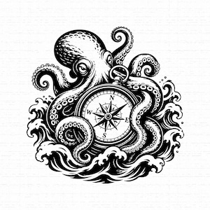 May include: A black and white graphic illustration of an octopus with its tentacles wrapped around a circular navigation compass. The octopus is positioned amidst stylized ocean waves, with the compass face showing cardinal directions N, S, E, W.