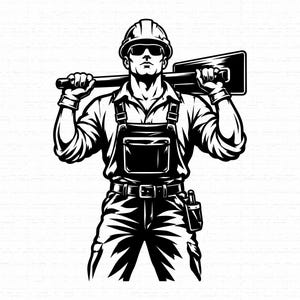 Könnte beinhalten: Eine schwarz-weiße grafische Illustration eines Bauarbeiters mit Schutzhelm, Sonnenbrille und Latzhose. Die Person steht da, hält eine Schaufel, die auf den Schultern ruht, mit beiden Händen fest und trägt dabei Arbeitshandschuhe.