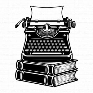 Könnte beinhalten: Eine schwarz-weiße grafische Illustration einer alten Schreibmaschine, die auf einem Stapel aus zwei dicken Hardcover-Büchern steht. Die Schreibmaschine verfügt über einen Wagen mit einem leeren Blatt Papier und eine vollständige Tastatur.