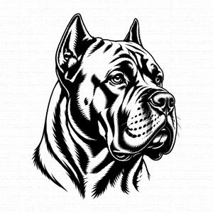 May include: A high-contrast black and white graphic illustration of a Cane Corso dog head in profile. The artwork features bold lines and shading to define the muscular facial structure, pointed ears, and alert eyes of the canine breed.