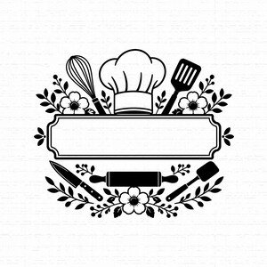 Chef Hat Monogram SVG, Split Kitchen Name Frame PNG, Baker Utensils Cricut File, Floral Baking Logo Sublimation Craft, Instant Download