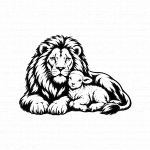 May include: A black and white graphic illustration featuring a large, majestic lion with a full mane lying down next to a small, gentle lamb. The artwork uses high-contrast lines to define the fur textures and facial features of both animals.