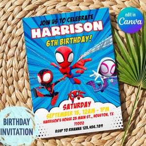 Peut inclure: Une carte d'invitation d'anniversaire rectangulaire illustrée de trois super-héros en costumes rouge, bleu et blanc sur un fond bleu style bande dessinée. Le texte indique : JOIN US TO CELEBRATE HARRISON 6TH BIRTHDAY! SATURDAY SEPTEMBER 15, 12AM-1PM.