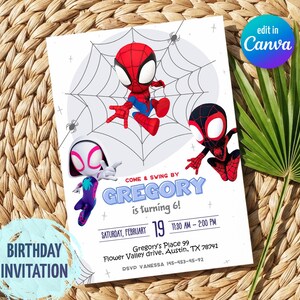Spidey-Freunde-Geburtstagseinladung, Einladung an alle Superhelden zum Feiern, Comic-Halbton-Kinderparty-Vorlage