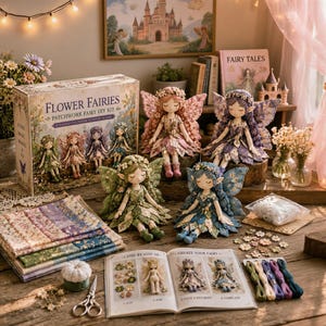 Può includere: Un kit fai-da-te per fate in patchwork Flower Fairies che include una scatola illustrata, quattro bambole fata in tessuto con ali, una pila di quadrati di tessuto floreale, un libro di istruzioni, filo da ricamo e decorazioni floreali.