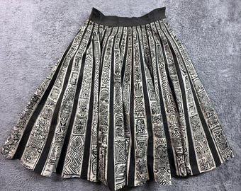 Londy of Mexico 1950s Hand Painted Cotton Circle Skirt Aztec Rhinestone S