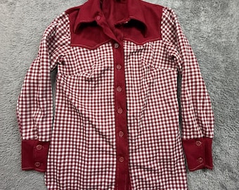 Koszula damska Vintage z guzikami, rozmiar S/M, czerwona kratka, western, lata 60., poliester, długi rękaw