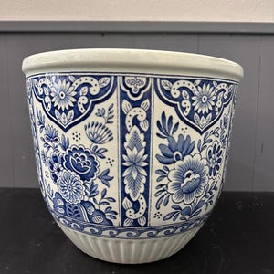 Delfts Boch Belgium Cachepot for Royal Sphinx Vintage, Blue and White Floral Motif Vase, Dutch Flemish Ceramic