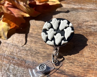 Halloween Ghost Badge Reel | Handmade Polymer Clay Nurse Badge Holder | Cute Spooky ID Badge Reel | RN CNA Teacher Medical Gift