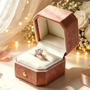 May include: A rose-colored velvet ring box with an octagonal shape and a gold-tone metal button closure. Inside, a white velvet cushion holds a single ring featuring a large round-cut center stone surrounded by a halo of smaller clear stones.