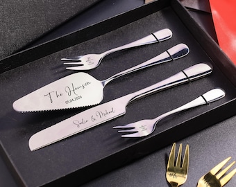 Gepersonaliseerde bruidstaartserversets, vorken taartsnijset huwelijkscadeau, Annisersary-cadeau, goud-zilver serveerset
