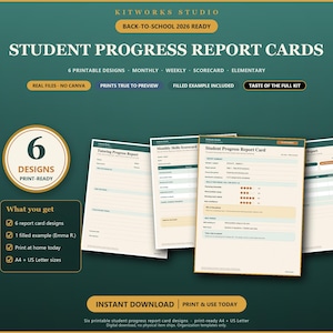Może przedstawiać: Zestaw sześciu arkuszy ocen postępów ucznia do druku, zawierający różne układy, w tym formaty miesięczne, tygodniowe i karty wyników. Dokumenty są prezentowane na ciemnozielonym tle z etykietami wskazującymi rozmiary A4 i US Letter.