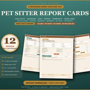 Pet Sitter Report Cards | 12 Daily Visit Dog Walk Designs (Fillable PDF)