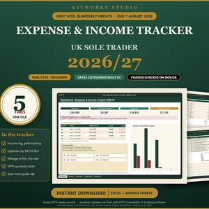 UK Sole Trader Expense Tracker 2026/27 | Income & Expense Log, SA103 Categories, Mileage, MTD Ready Records | Excel Google Sheets