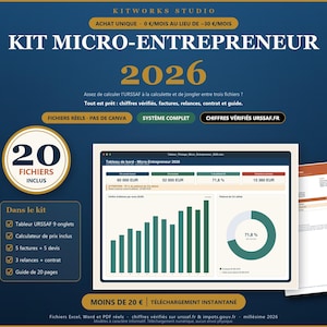 May include: A digital business management kit for micro-entrepreneurs for 2026, featuring a dashboard with financial charts, bar graphs, and a pie chart. The kit includes 20 files, such as tax calculation spreadsheets, invoices, quotes, and a guide.