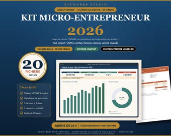 May include: A digital business management kit for micro-entrepreneurs for 2026, featuring a dashboard with financial charts, bar graphs, and a pie chart. The kit includes 20 files, such as tax calculation spreadsheets, invoices, quotes, and a guide.