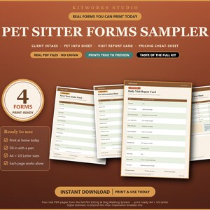 Peut inclure: Une collection numérique de quatre formulaires imprimables pour pet-sitter, incluant une fiche client, une fiche info animal, un rapport de visite et une fiche tarifaire. Les documents présentent un design brun et crème avec des textes.