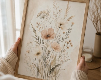 May include: A rectangular wooden frame containing a watercolor-style print of a wildflower bouquet. The artwork features soft beige, cream, and muted green tones, depicting various grasses, stems, and delicate blossoms on a light background.