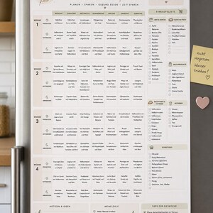 May include: A rectangular magnetic meal planner chart with a four-week menu grid, a shopping list section, and a notes area. The white sheet features black text, botanical leaf illustrations, and sections for breakfast, lunch, and dinner plans.