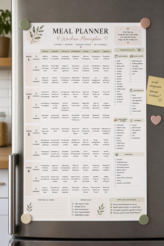 Meal Planner Deutsch PDF | 3 Wochenmenüs mit Einkaufsliste | Wochenplan Essen | Essensplaner A4 | Digitaler Download