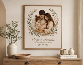 May include: A framed wall art print featuring a watercolor illustration of a family of four, including two adults, a young child, and a newborn baby, surrounded by a leafy wreath. The text reads "Unsere Familie" and "unsere schönste Geschichte".
