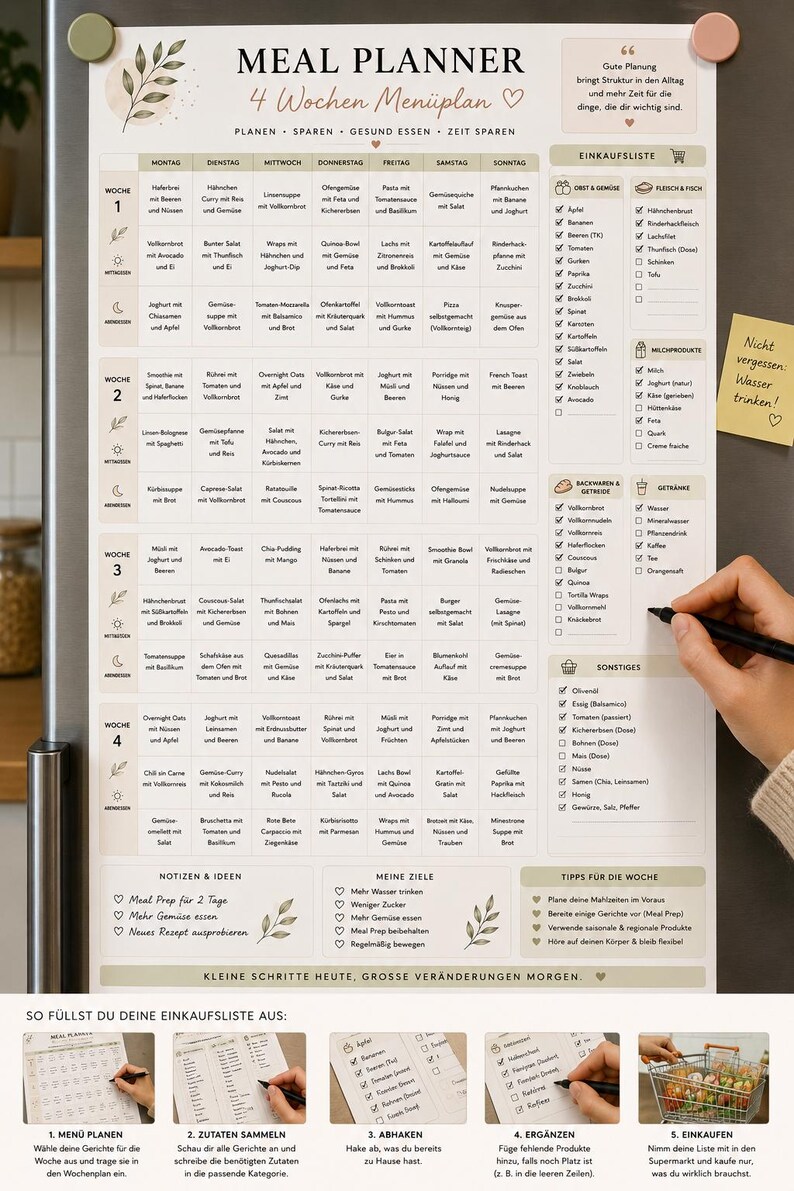 May include: A magnetic four-week meal planner chart with a grid layout for daily meals, a categorized grocery checklist, and sections for notes, goals, and tips. The planner features a light beige background with black text and botanical illustrations.