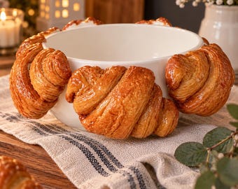 May include: A white ceramic bowl featuring a decorative rim adorned with multiple golden-brown, flaky croissants arranged around the exterior edge. The bowl has a smooth, glossy finish and a wide, circular opening, showcasing a clean, minimalist design.