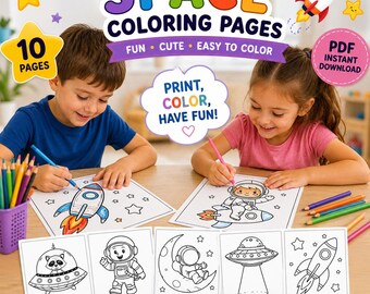 May include: A digital set of 10 space-themed coloring pages featuring rockets, astronauts, and UFOs. The text reads SPACE COLORING PAGES, FUN CUTE EASY TO COLOR, PRINT COLOR HAVE FUN, 10 PAGES, PDF INSTANT DOWNLOAD, HIGH QUALITY PRINTABLE.