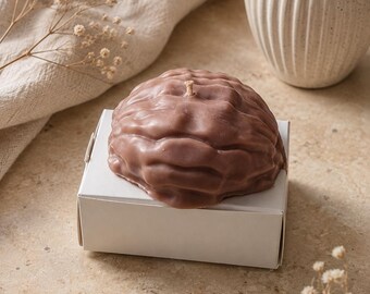 May include: A mauve-colored candle shaped like a walnut shell, featuring a textured, irregular surface and a single centered wick. The candle rests on top of a small, plain white square cardboard box, presenting a realistic nut-like appearance.