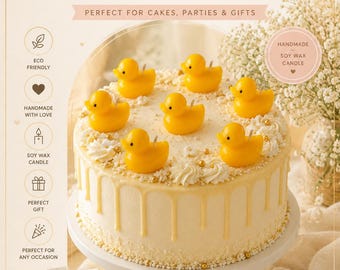 May include: A white cake topped with six yellow duck-shaped candles, white frosting swirls, and gold sprinkles. The text reads DUCKY CANDLES, HANDMADE WITH LOVE, Sweet, Cute, Unique, PERFECT FOR CAKES, PARTIES & GIFTS, ECO FRIENDLY, SOY WAX CANDLE, PERFECT GIFT, PERFECT FOR ANY OCCASION, MADE TO BRING HAPPINESS, and Make every moment extra special!