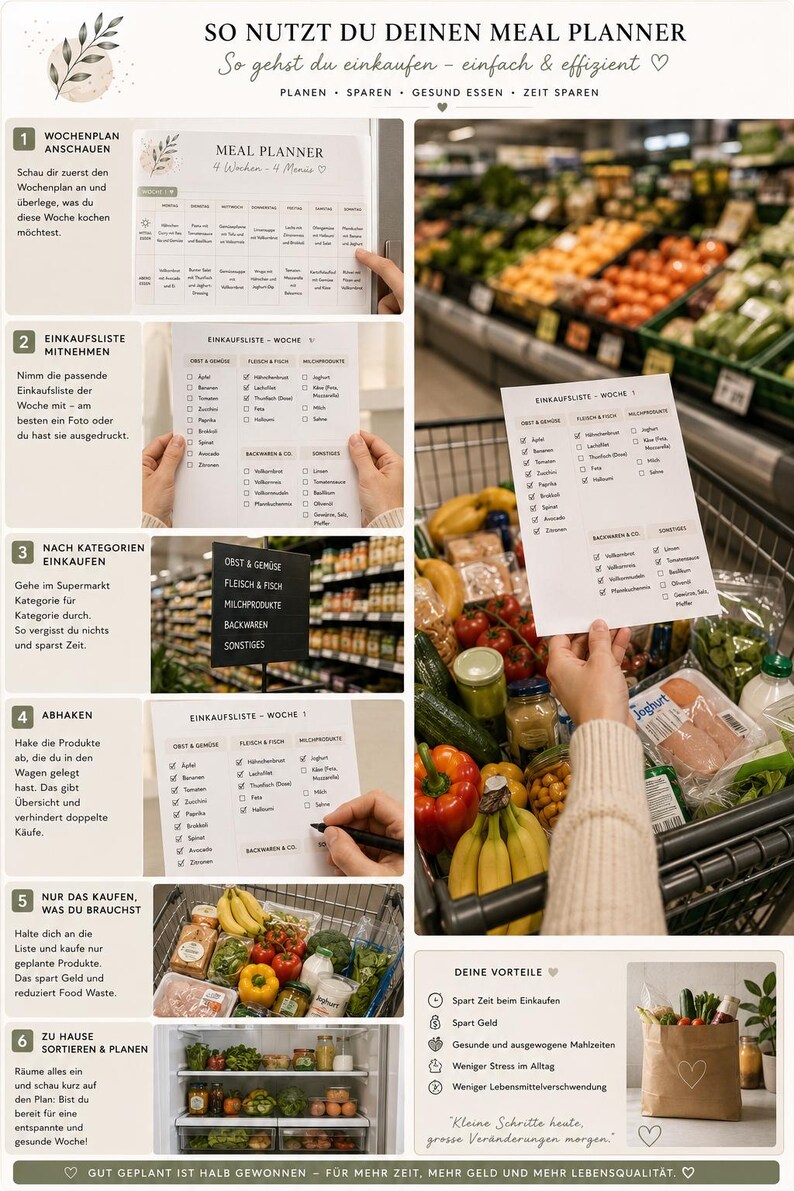 May include: A multi-panel instructional guide titled SO NUTZT DU DEINEN MEAL PLANNER, featuring a meal planner sheet, a grocery shopping list, and a shopping cart filled with fresh produce, meat, and dairy items to demonstrate organized meal planning.