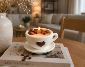 May include: A white ceramic cup and saucer candle with a lit wooden wick, topped with brown wax coffee bean shapes. The cup features a dark brown heart icon. It rests on two stacked books titled Kitchen Stories and A Demain, with loose coffee beans.
