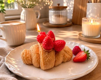 May include: A golden-brown croissant topped with red strawberry and raspberry shaped candles, one of which is lit with a small flame. The pastry sits on a white ceramic plate alongside a fresh red strawberry and a single raspberry.