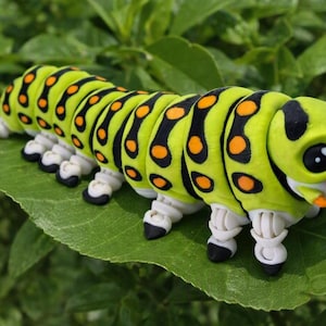 May include: A lime green caterpillar figurine with black and orange circular markings along its segmented body. The creature has a rounded head with large black eyes, an orange mouth area, and multiple white legs with black tips positioned on a leaf.