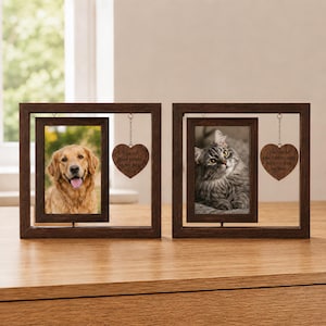 Cornice personalizzata per animali domestici, cornice commemorativa in legno personalizzata per animali domestici con cuore pendente, espositore girevole bifacciale per foto di cani e gatti, cornice per foto