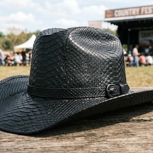 Black Python Embossed Western Cowboy Hat, Exotic Snake Texture Cowgirl Hat, Unisex Ranch Rodeo Festival Hat, Country Concert Fashion