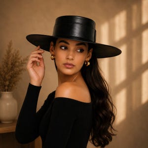 Puede incluir: Un sombrero negro de ala plana con una copa estructurada y un ala ancha. El sombrero está hecho de un material liso y mate y presenta una banda negra a juego alrededor de la base de la copa. El diseño es sencillo, con líneas limpias.