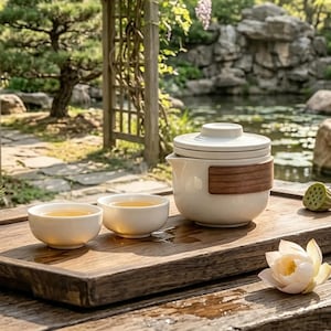 Peut inclure: Une théière en céramique blanche avec une bande de poignée en bois et deux tasses en céramique blanche assorties remplies de thé clair, disposées sur un plateau en bois rectangulaire avec une fleur de lotus blanche et une gousse de lotus.