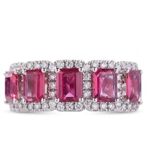 Emerald Cut Ruby Eternity Band, Vintage Halo Wedding Ring, July Birthstone Gift