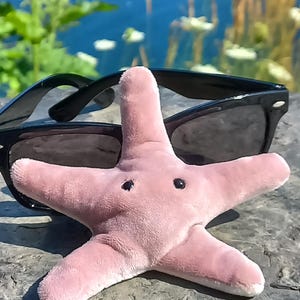 以下が含まれることがあります： 小さな黒い刺繍の目を持つ、くすんだピンク色のヒトデのぬいぐるみ。黒いプラスチックフレームのサングラスの前に置かれています。このヒトデは柔らかいベルベットのような質感で、5本の丸みを帯びた腕が特徴です。