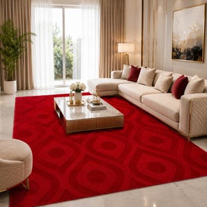 Handmade Hand Loom Rug  , Deep Red, Loop Cut , Mid Century Modern Carpet, Contemporary Living Room Rug, Boho Bedroom Floor Mat
