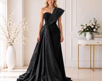 Black One Shoulder Evening Gown, Draped Formal Maxi Dress with Beaded Waist, Elegant Prom Dress, Wedding Guest Gown, Black Gala Dress