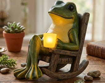 Solar Frosch Gartenstatue, Schaukelstuhl, LED-Licht, wunderliches Dekor