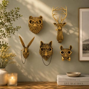 Puede incluir: Un conjunto de cinco esculturas de pared de animales en tono dorado que incluye un oso, un ciervo con pipa, un conejo con monóculo, un zorro y un ratón con pajarita. Cada cabeza de animal tiene pelaje texturizado y accesorios de gafas doradas.