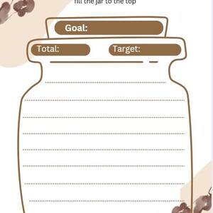 Pode incluir: Uma folha de rastreamento de poupança com uma ilustração de um frasco castanho e linhas tracejadas para acompanhar o progresso. O texto diz SAVINGS FUND, fill the jar to the top, Goal, Total e Target. Inclui detalhes de folhas em aguarela.